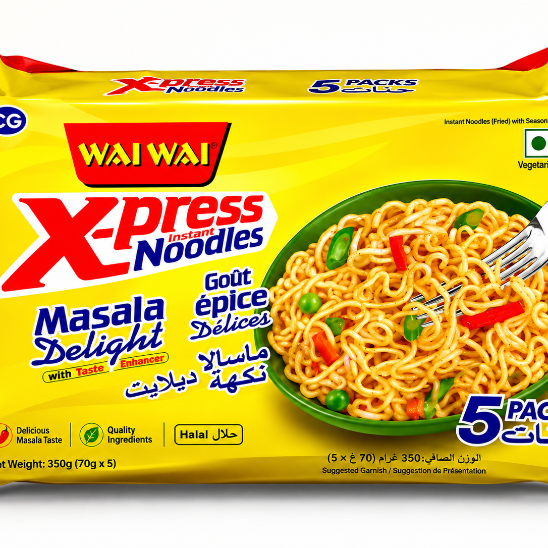 A package of Wai Wai X-press Masala Delight Instant Noodles, 5-pack, featuring a bright yellow bag with red and blue text and a photo of prepared noodles on the front.