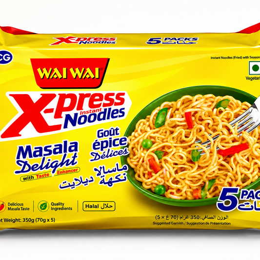 A package of Wai Wai X-press Masala Delight Instant Noodles, 5-pack, featuring a bright yellow bag with red and blue text and a photo of prepared noodles on the front.