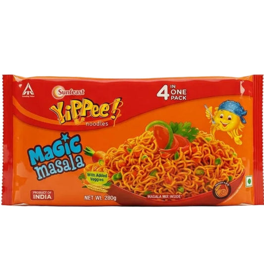 A 200g pack of Snackfast Xippee Magic Masala noodles, featuring a bright red and orange packaging design with illustrations of the prepared noodles, green onions, and the Snackfast mascot.